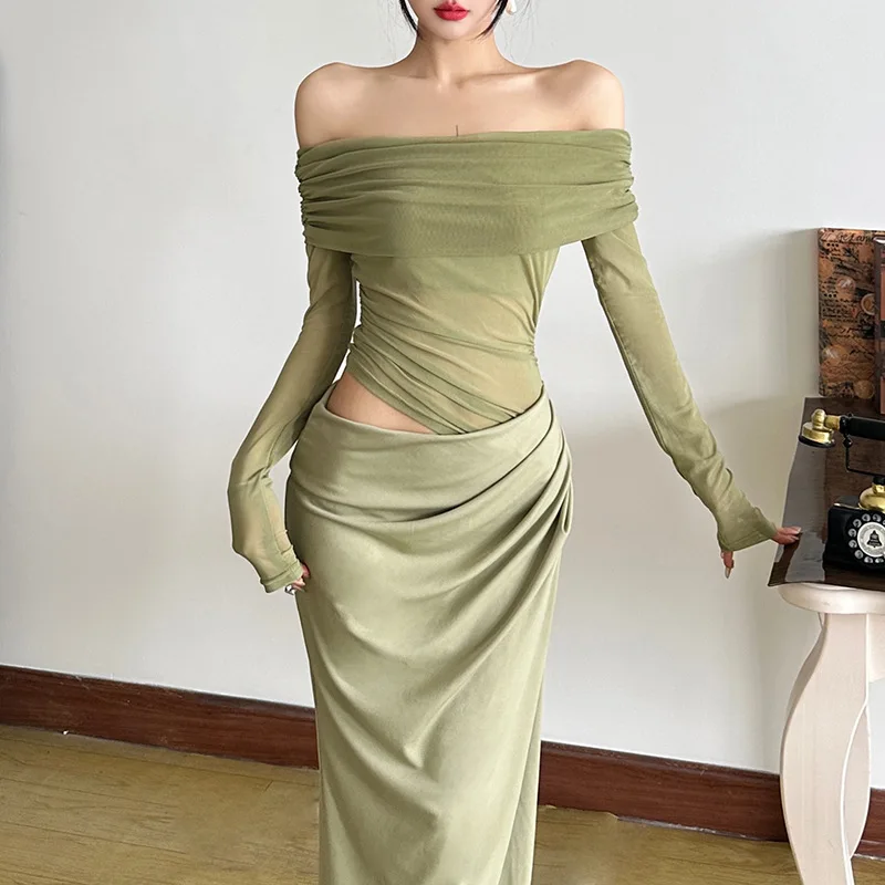 2025年春夏新作コレクションでは、エレガントで個性的なワンショルダーシフォンカットアウトのセクシーなレディースドレスが登場します。