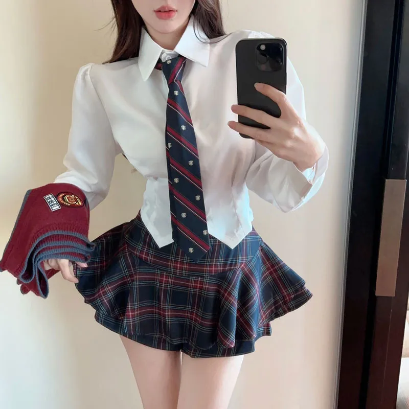 Preppy Style Spice Girl Fashion 2 Pieces Matching Sets Y2k White Shirt&Short Knit Vest&Plaid Mini Shorts Skirt 3pc Uniform Suits