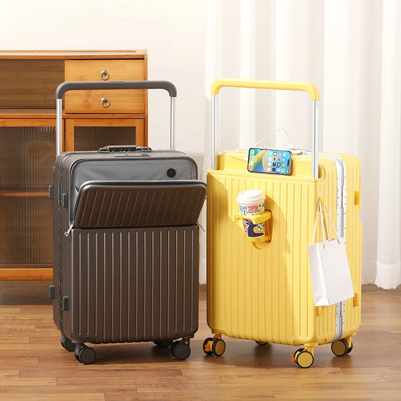 جديد الألومنيوم الإطار الجبهة افتتاح واسعة حقيبة تروللي بعجلات 20 بوصة الناقل متعددة الوظائف 26/28 حقائب سفر سعة كبيرة