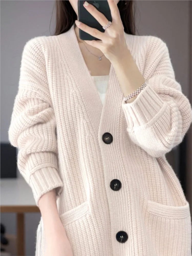 Suéter de malha com decote v feminino, Cardigans casuais, peito único, solto, manga longa com bolso, moda coreana, outono, inverno