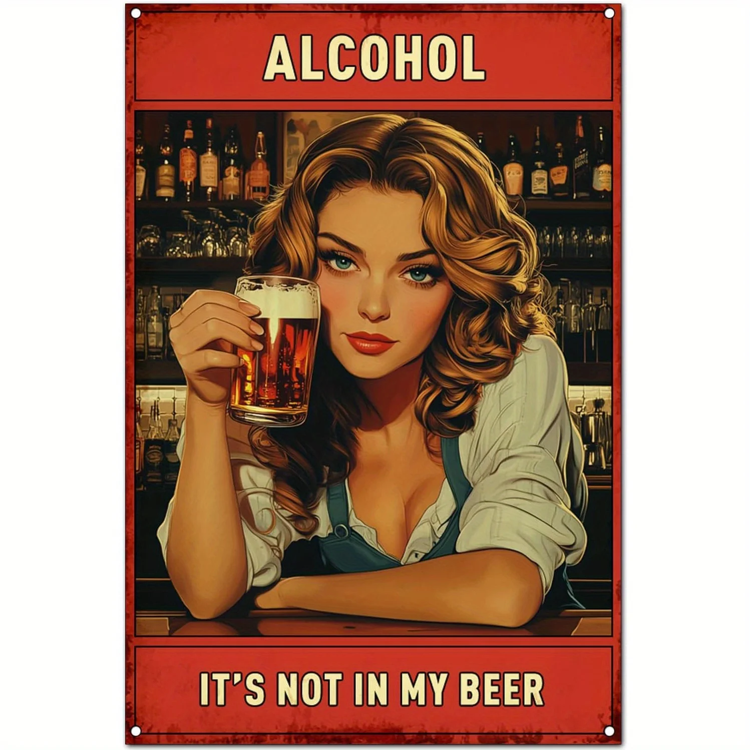 Vintage „It'S Not in My Beer“ Bar Girl Wandkunstdruck – humorvolles Retro-Blechschild mit rotem Hintergrund, für Zuhause, Bar oder Garage