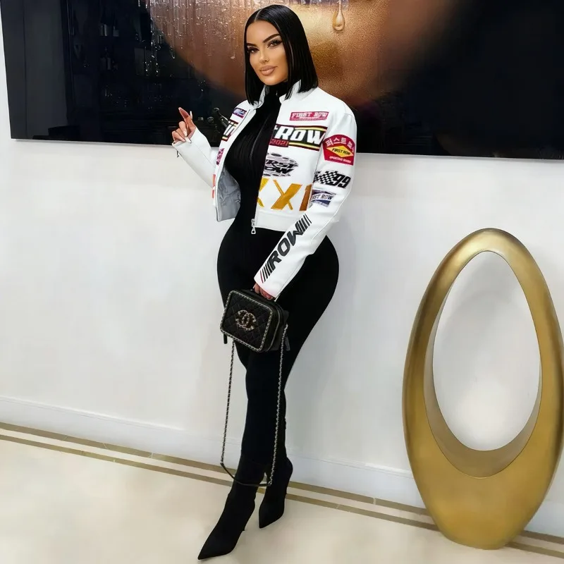 

Racing Motorbike PU Leather Print Fashion Jacket Women Stand Collar Long Sleeve Zip-up Casual Streetwear Coat Y2K Tops Outwear