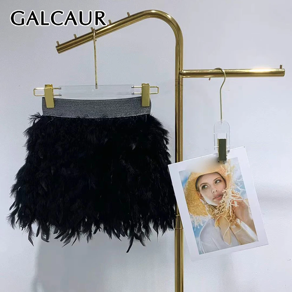 

GALCAUR Hit Color Spliced Feathers Basics Skirt Female High Waist Slimming Sweet Women's Short Skirt Fashion Autumn Style New