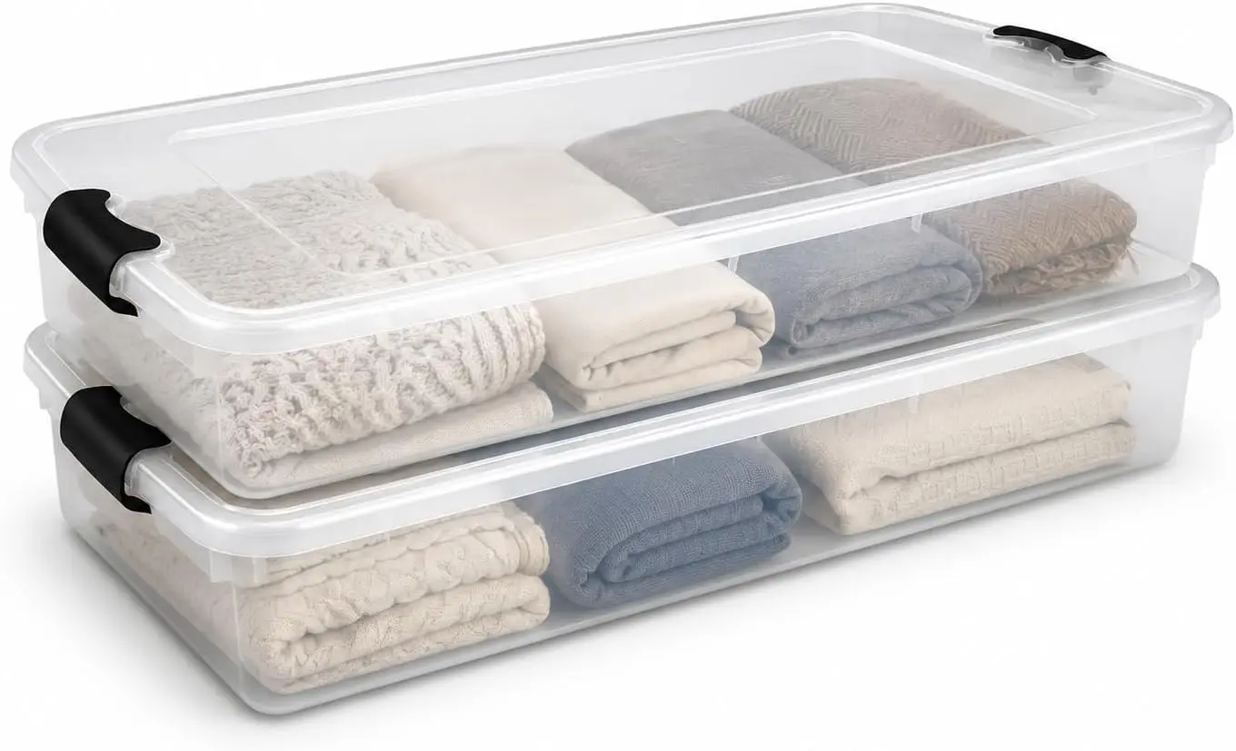 Under Bed Clear Plastic Storage Bin w/Lid, 60 Qt, Gray Latch, 2 Pack | Stackable Underbed Container Set for Shoes, Bags, Clothes, and Towel Organization