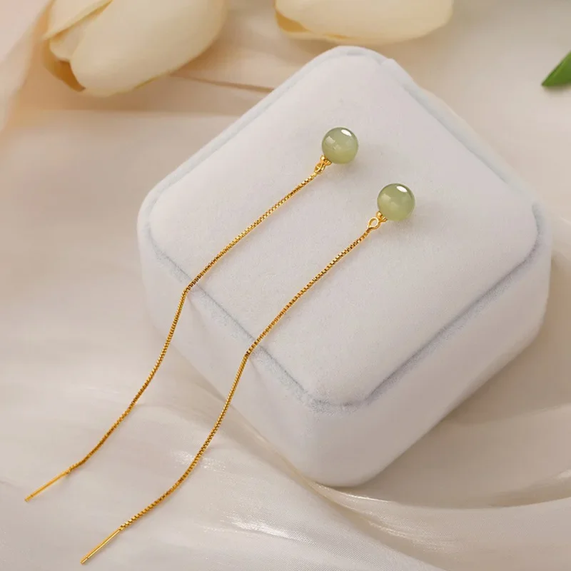 Long Chain Tassel Drop Earrings For Women Light Green Bead Pendant Simple Elegant Dangle Ear Piercing Line Accessories Jewelry