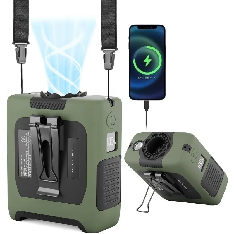 

Portable Waist Fan 10000mAh Battery Powered with Display Flashlight Hands-Free Hanging Neck Fan Clip Wearable Belt Personal Fan