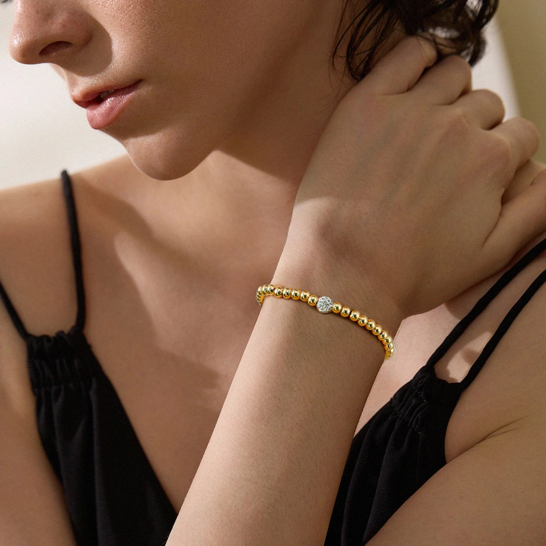 Badu New White Cubic Zirconia Ball Bracelet for Women Stackable 14K Gold Plated Beaded Bracelet Fashion Party Jewelry Gifts