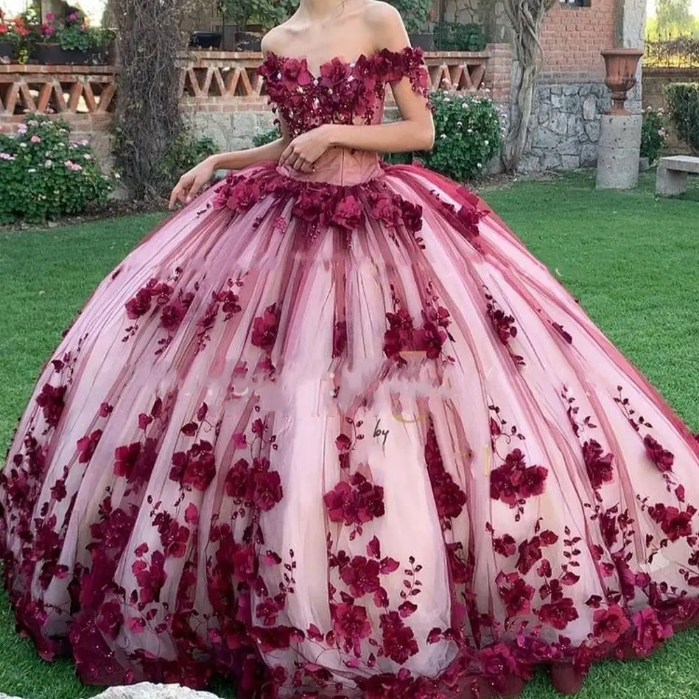 Y&m Novias Dark Red Quinceanera Sweet 16 Dresses 3D Flowers Lace Applique Off Shoulder Prom Ball Gown Graduation Plus Size Floor