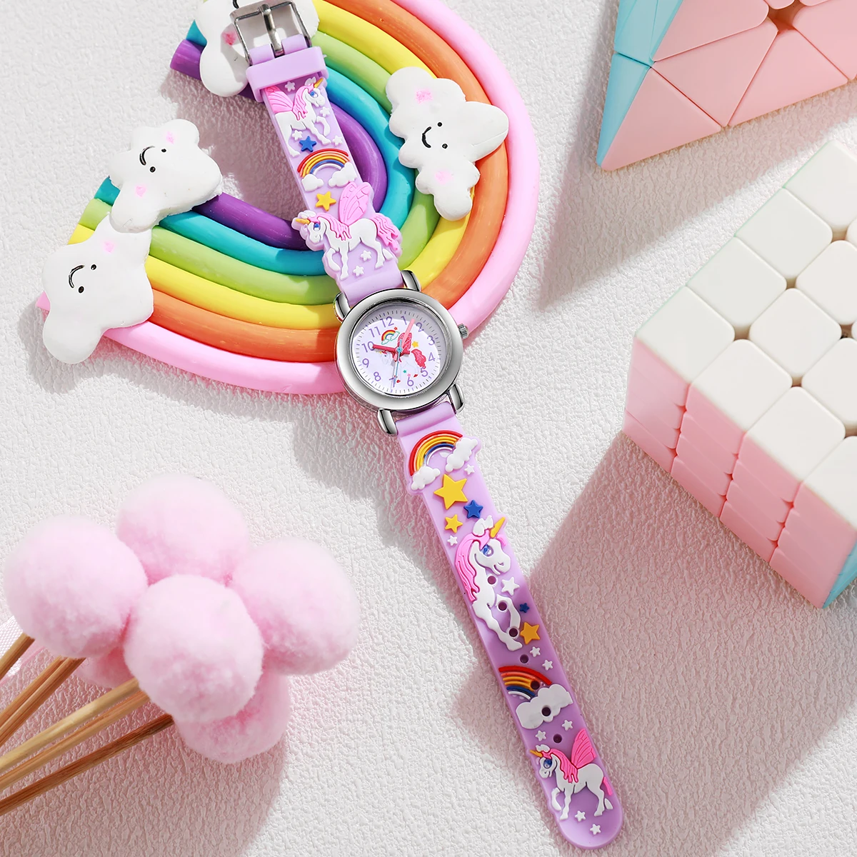 Simpatico orologio al quarzo con cinturino in silicone 3D fantasia unicorno arcobaleno con lancette colorate, adatto per regali di Natale e Halloween