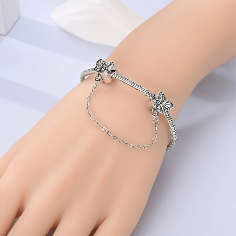 سلسلة أمان كلاسيكية مرصعة بالفضة الإسترليني عيار 925 على شكل فراشة من الزركونيوم وسوار أصلي مجوهرات ذاتية الصنع