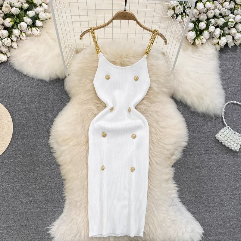 

Sexy Sleeveless Elastic Knit Bodycon Dress Sexy Chic Vestidos Women Summer Slim Women Chain Slip Dress