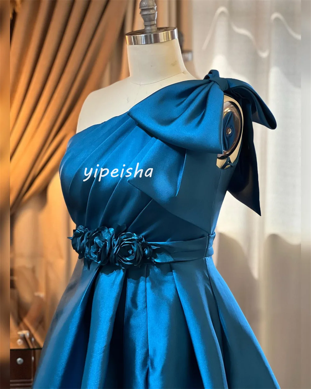 Customized Exquisite Intricate Pleat Flower Bow Draped A-line One-shoulder Long Dresses Evening Dresses Sizes Available High Qua image 2