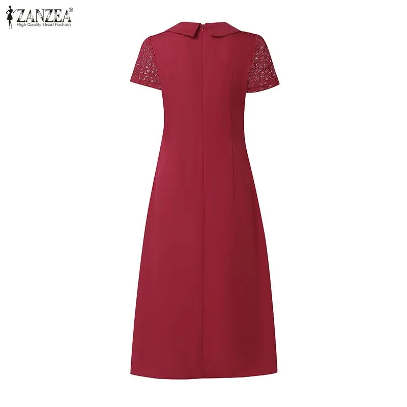 Women's Elegant Lace Dress Turn-Down Collar Short Sleeve Openwork Lace Patchwork Midi Dress ZANZEA 2026 Summer Classy Robe Femme