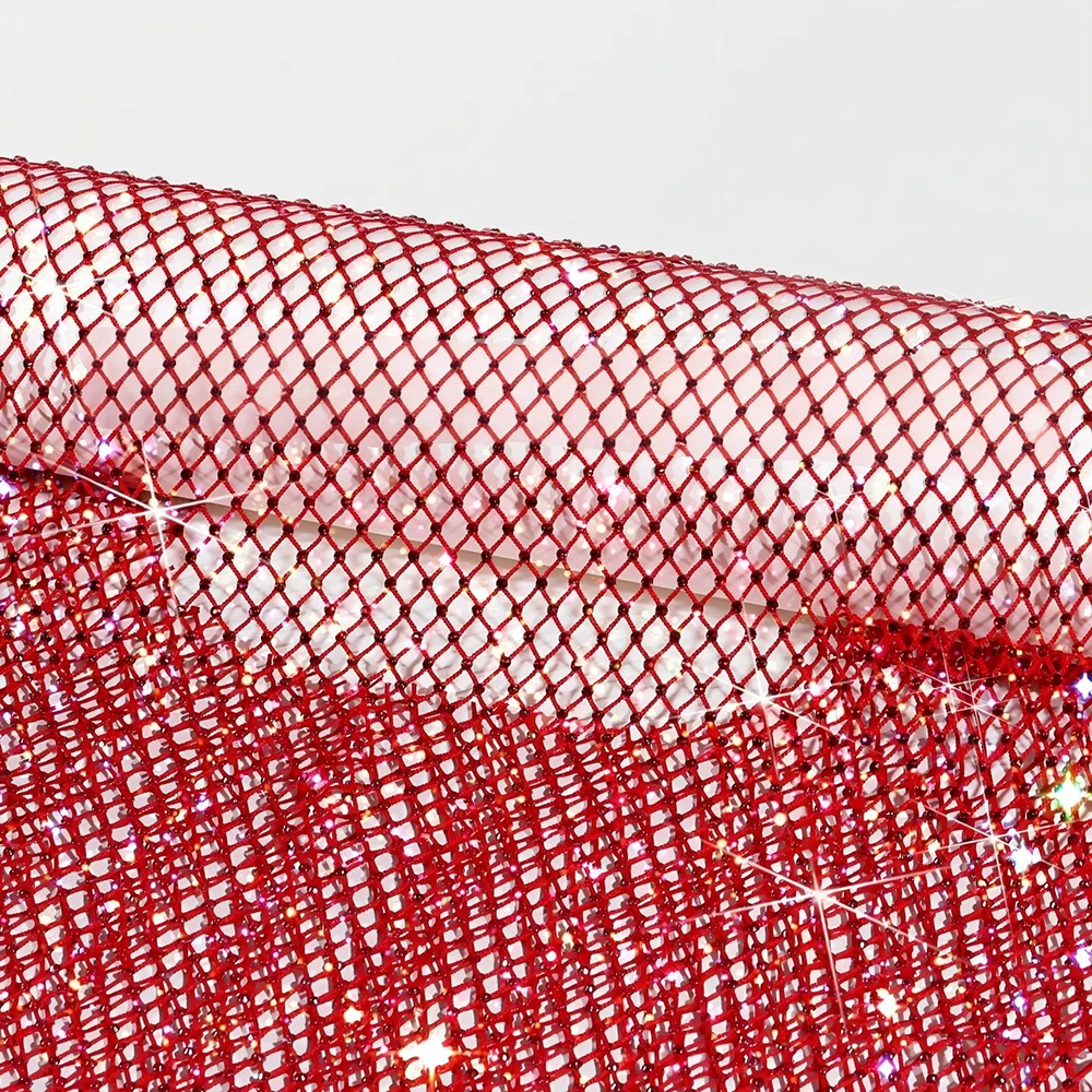 1 yards SS10 Red Crystal Net Mesh Fabrics Rhinestone Strip Sewing Cloth Ribbon Trim Elastic Decor Platform Clothing
