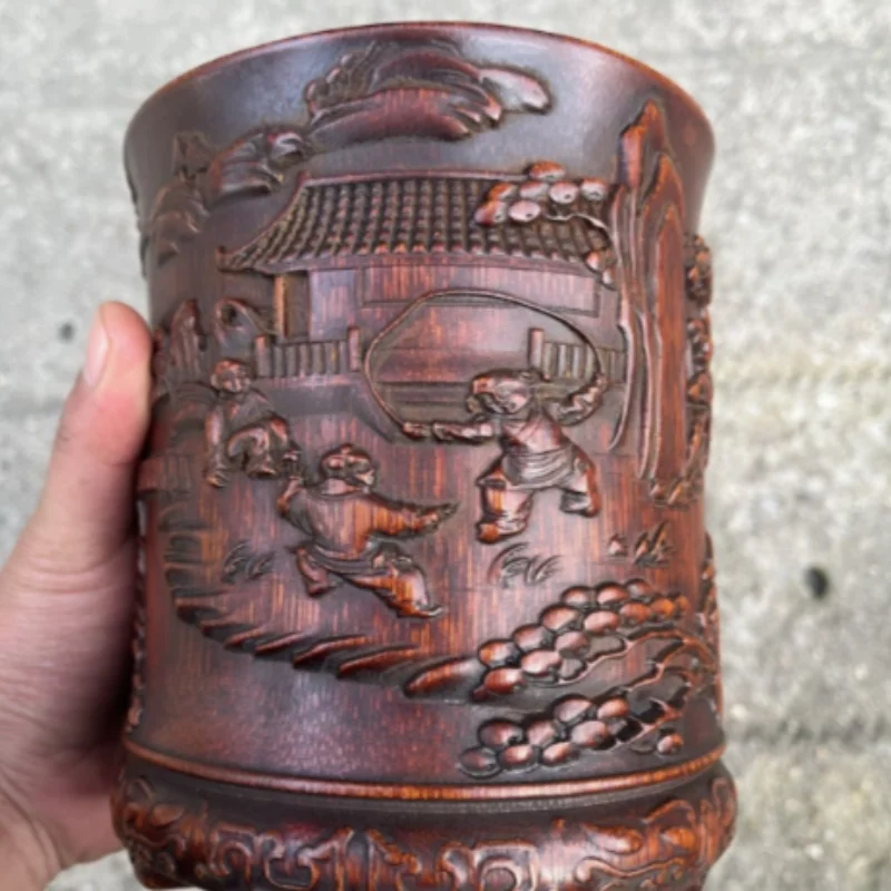 Retro Bamboo Carving Pen Holder Brush Pot with Landscape and Figure Relief - Traditional Scholar Desk Accessory Art Collect Gift
