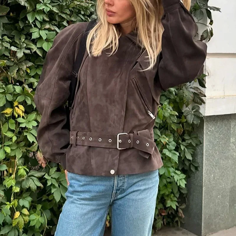 

Vintage Women's High-End Fashion Casual Jacket Coat Long Sleeve Turn-Down Collar Autumn-Style Waist Belt