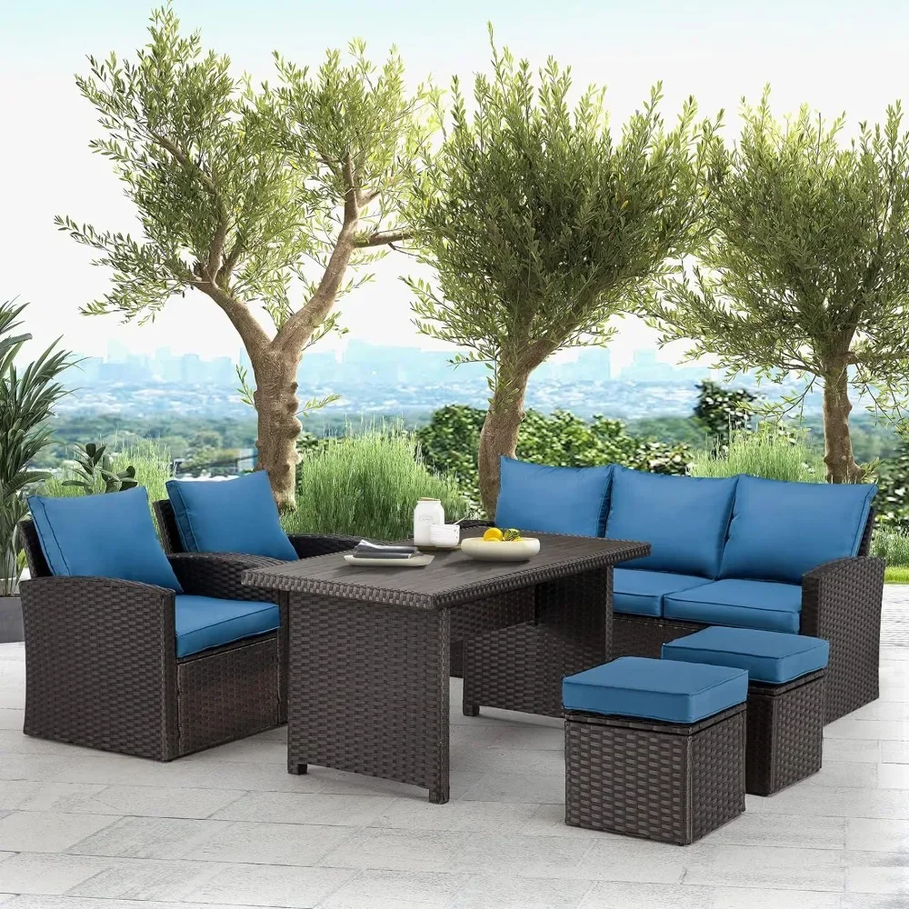 

6 Pieces Patio Furniture Sets Clearance,Dining Sofa Outdoor Sectional Sofa Conversation All Weather Wicker Rattan Couch(Blue)