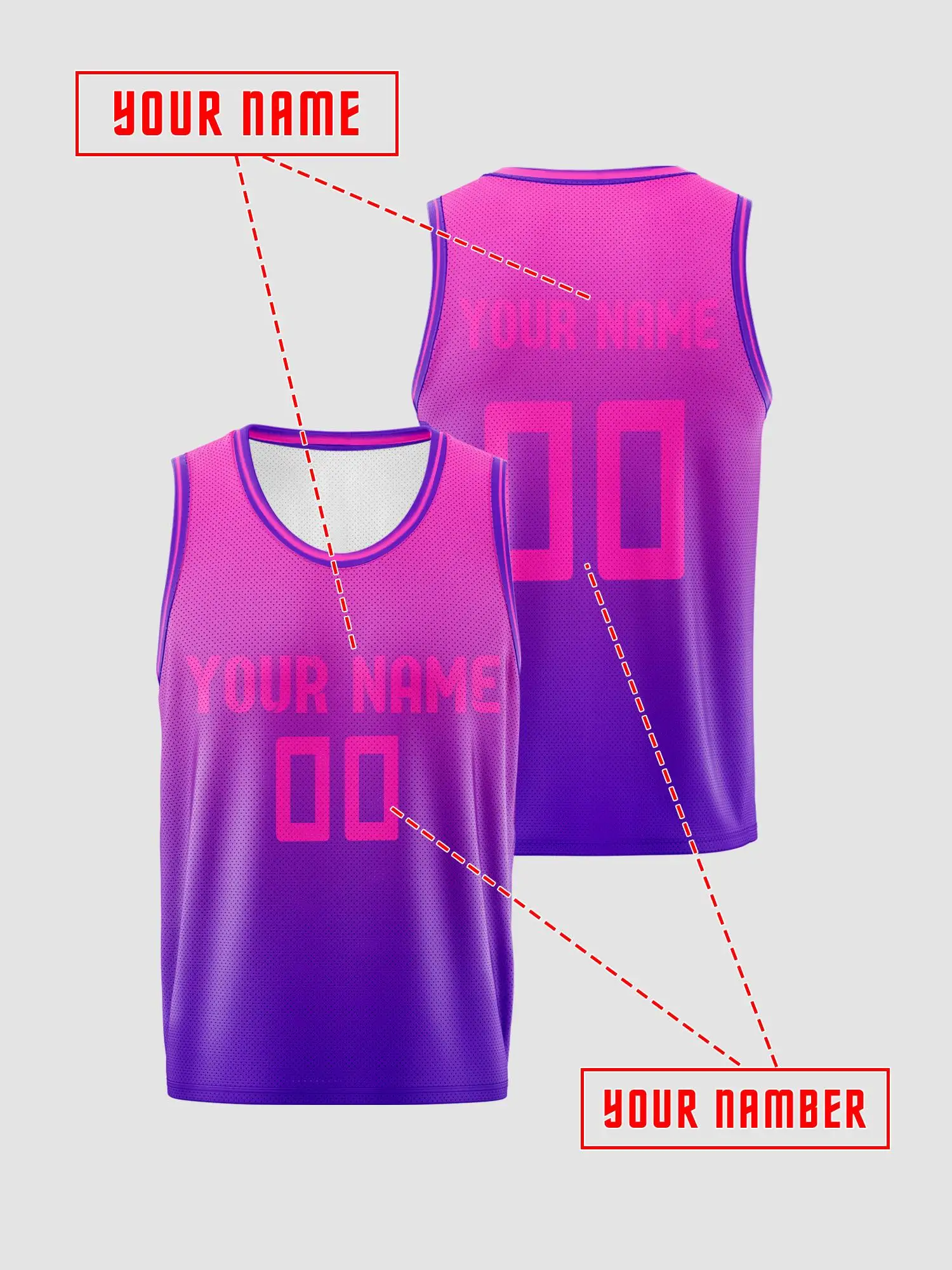 Custom Pink‑Purple Gradient Basketball Jersey, Adult & Kids Team Uniform, Print Name Number view 2