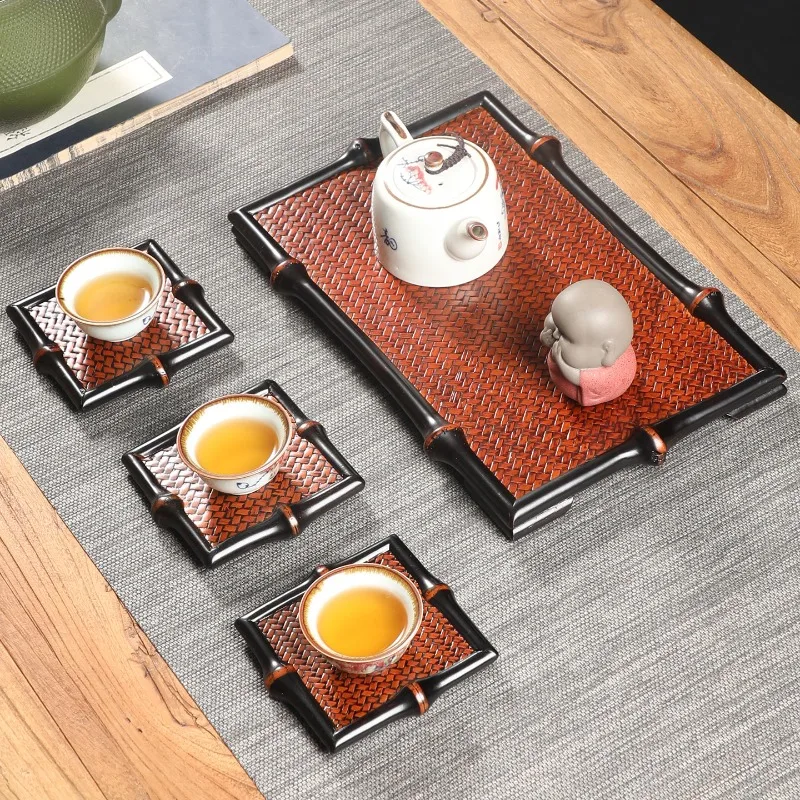 Handmade bamboo rectangular tea tray dry brewing table Chinese household tea set coaster tray