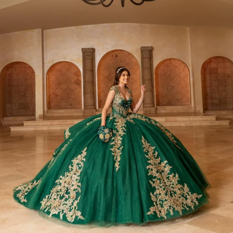 

Dark Green Quinceanera Dresses Off the Shoulder Glitter Crystal 3D Flower Decal Long tail Bow Vestidoe 15 Quinceanera Customize