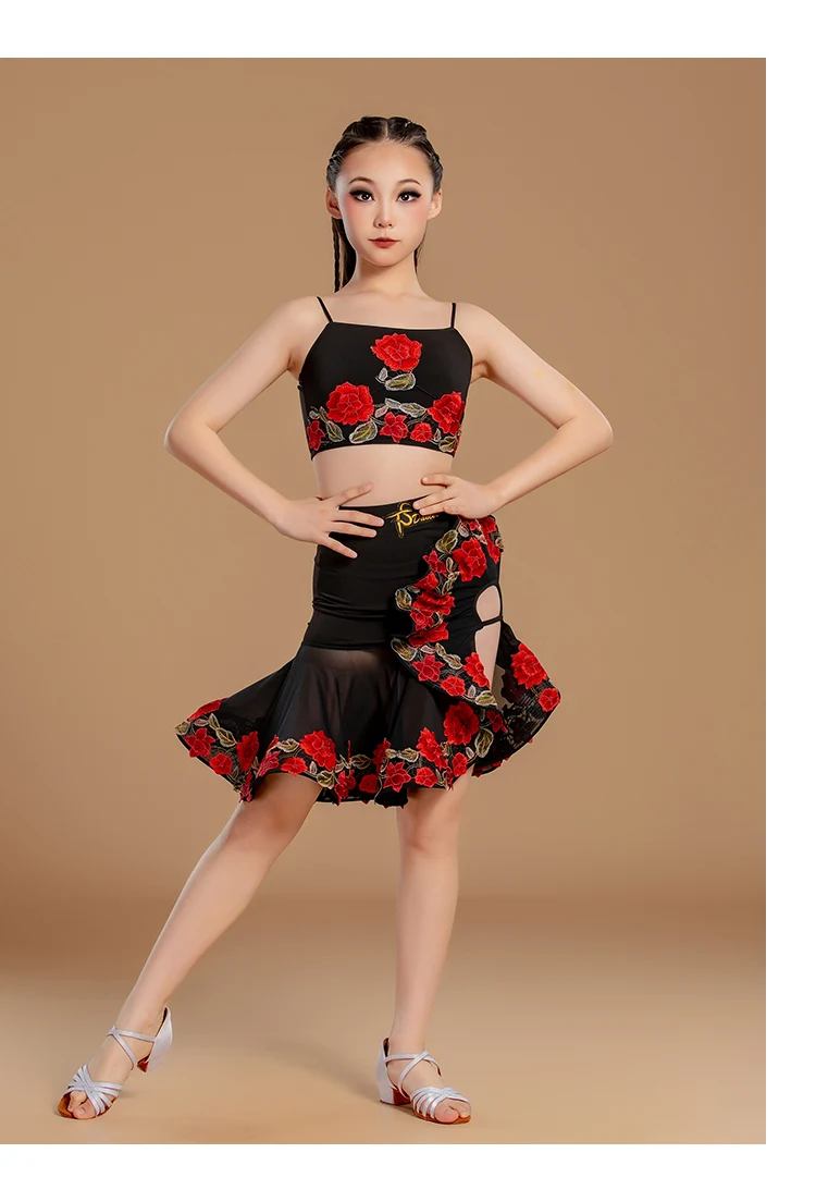 Robe de danse latine professionnelle pour filles, tenue d'été en dentelle brodée de style ethnique, col licou, tenue d'entraînement, nouvelle collection