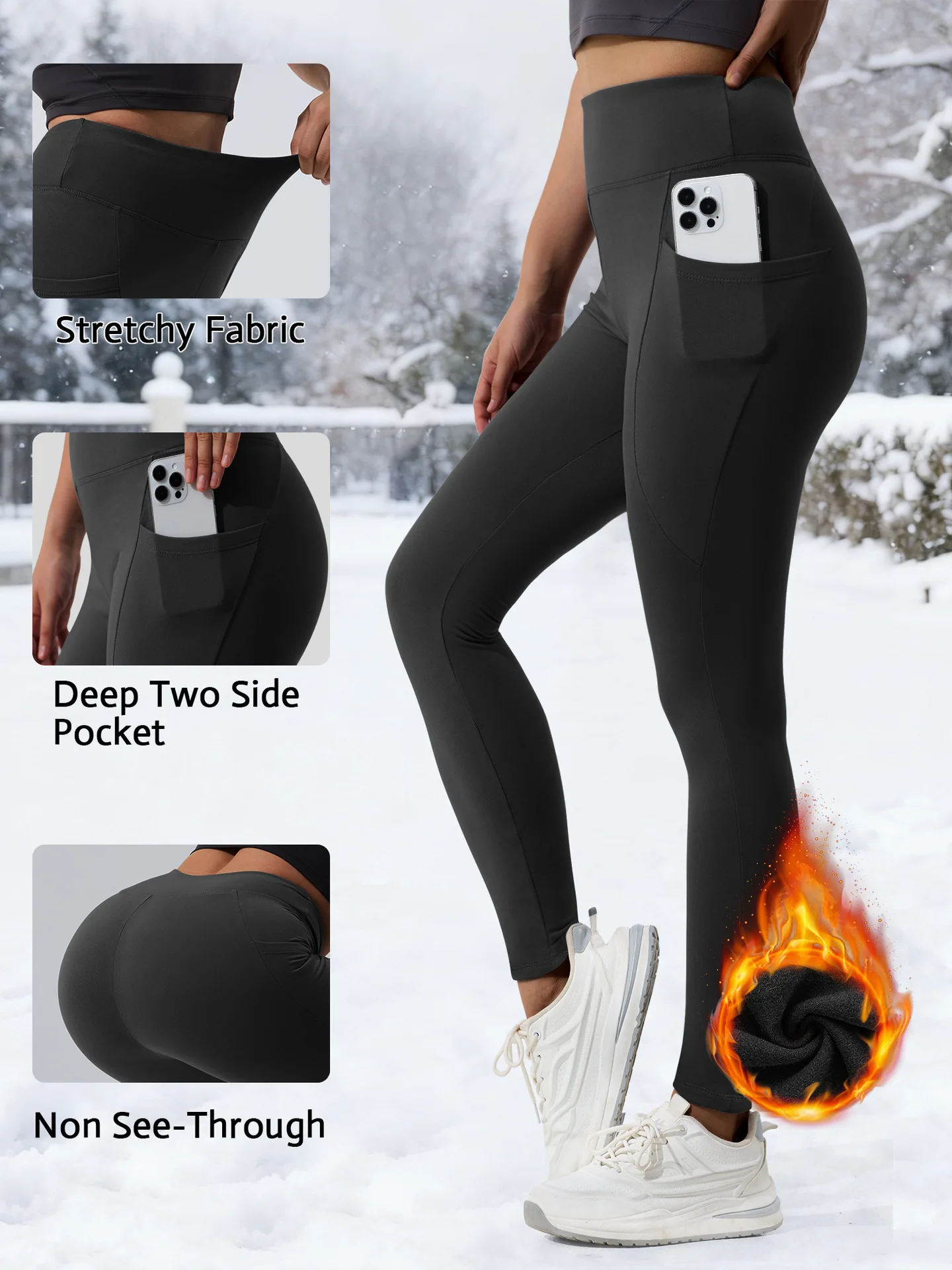 Leggings invernali foderati in pile con tasca a vita alta Leggings termici Pantaloni sportivi da yoga