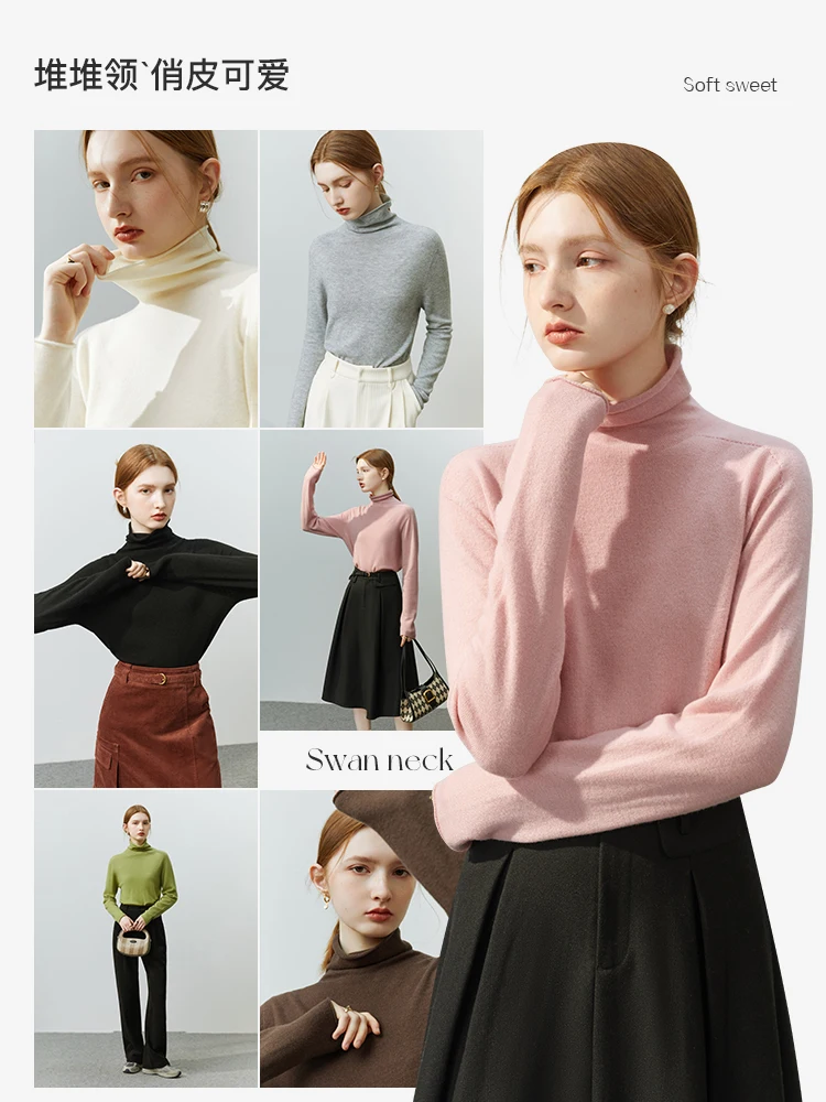 FSLE Multicolor Turtleneck 100% Wool Bottoming Shirt Women Autumn Winter Soft Waxy All-match Inner Pile Collar Knitted Tops