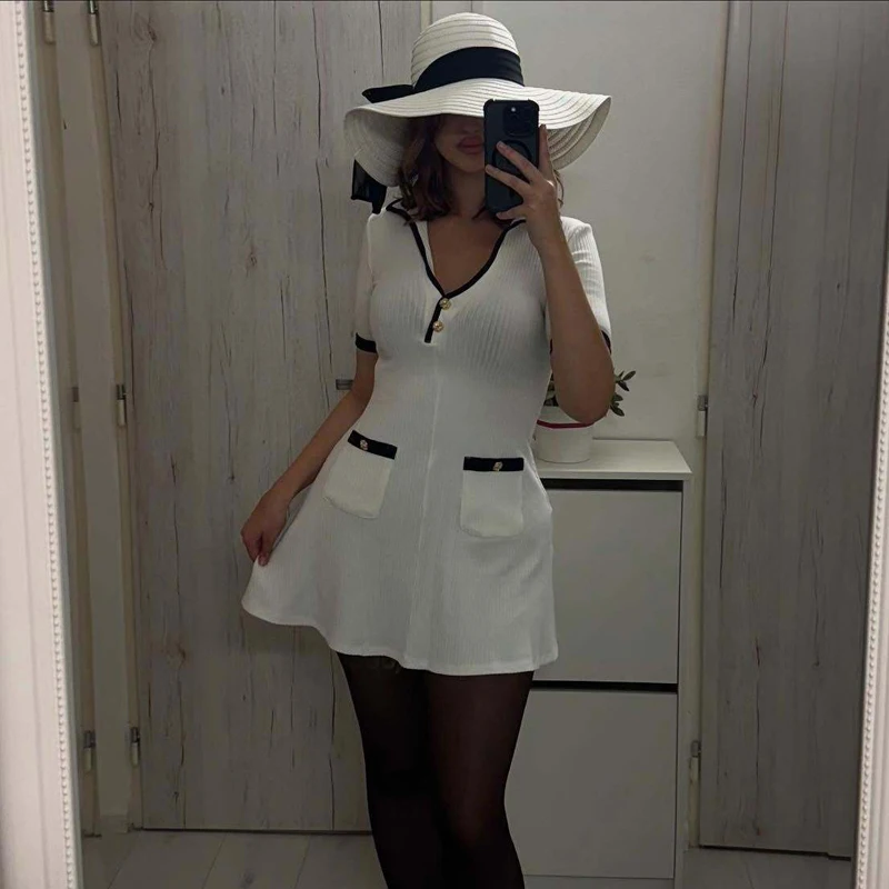 MUJER noir tricoté robes courtes pour femmes moulante Mini robe femme bouton décontracté femmes robes à manches courtes robes formelles