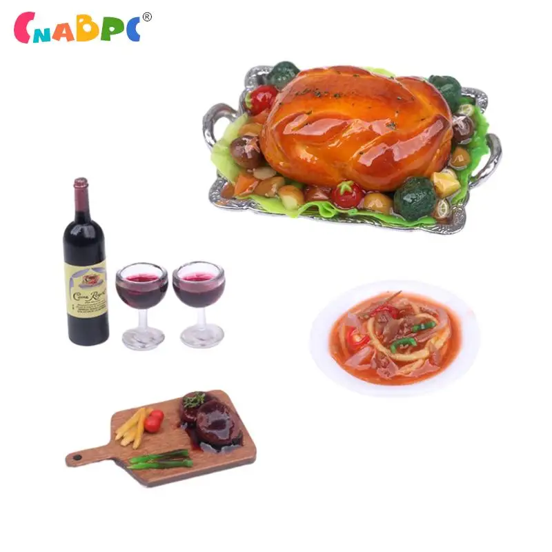 

1Set Dollhouse Miniature Thanksgiving Turkey Dinner Steak Spaghetti Red Wine Model Kitchen Decor Toy Doll House Accessories