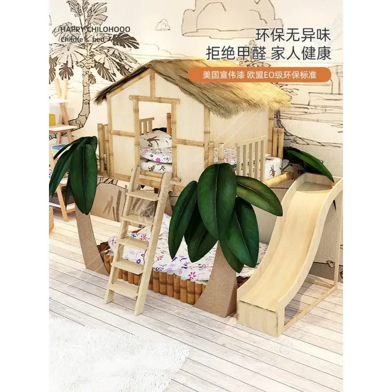Luxury American Tree House Bed with Activity Ladder up down Bunk Bed for Kids Light Wood Finish
