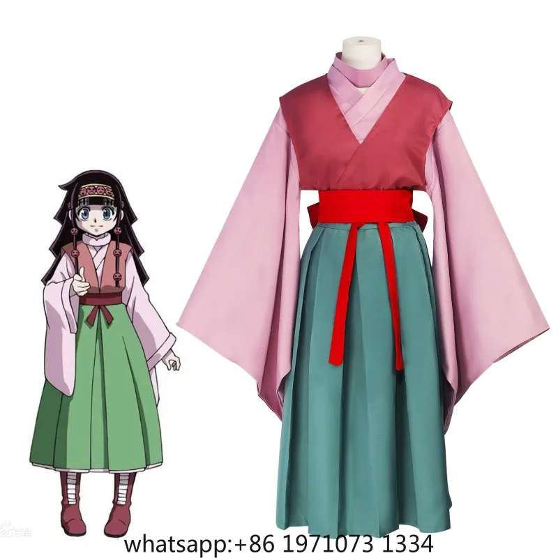 Anime Alluka Zoldyck Cosplay Costume  Aruka Zorudikku Pink Green Japanese kimono Wigs Headwear Halloween Party Dressing