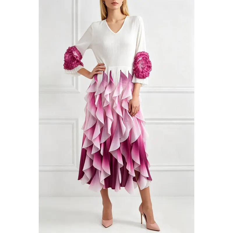 Miyake Slimming Floral Print Flared Sleeves Stretchy Dress Gradient Color Ruffled Hem Pleated Dresses Design Birthday Gown