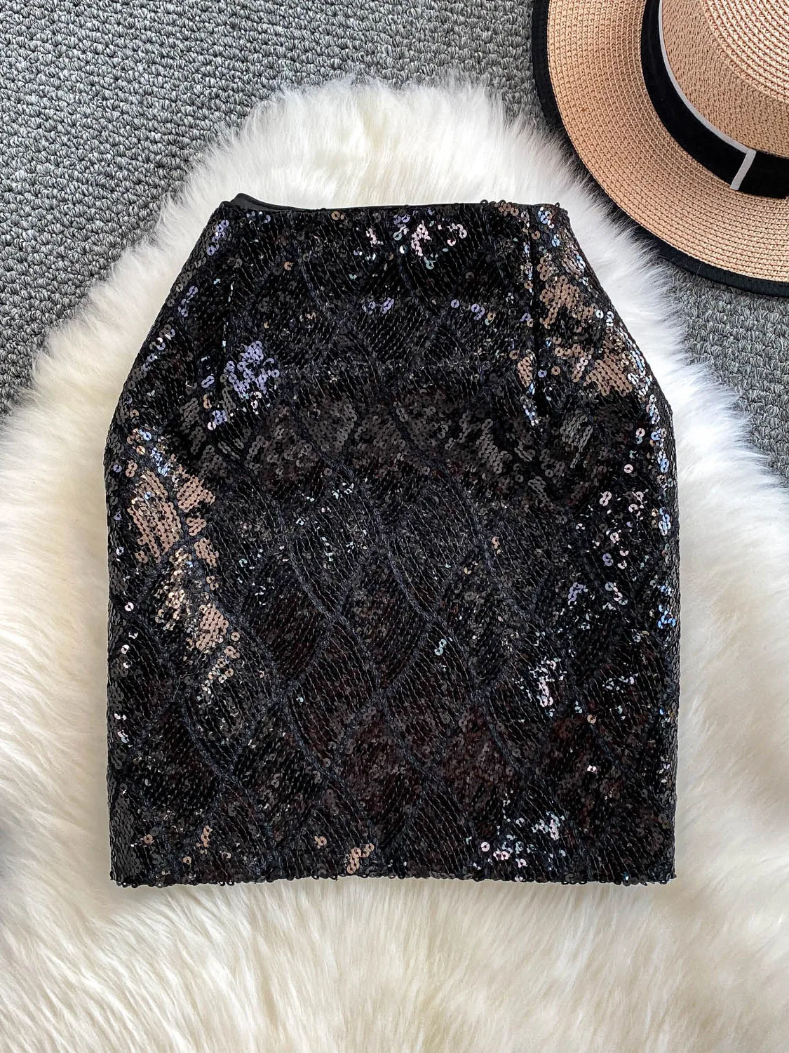 Bestickte Pailletten-Miniröcke für Damen, hohe Taille, schmal geschnittener kurzer Rock