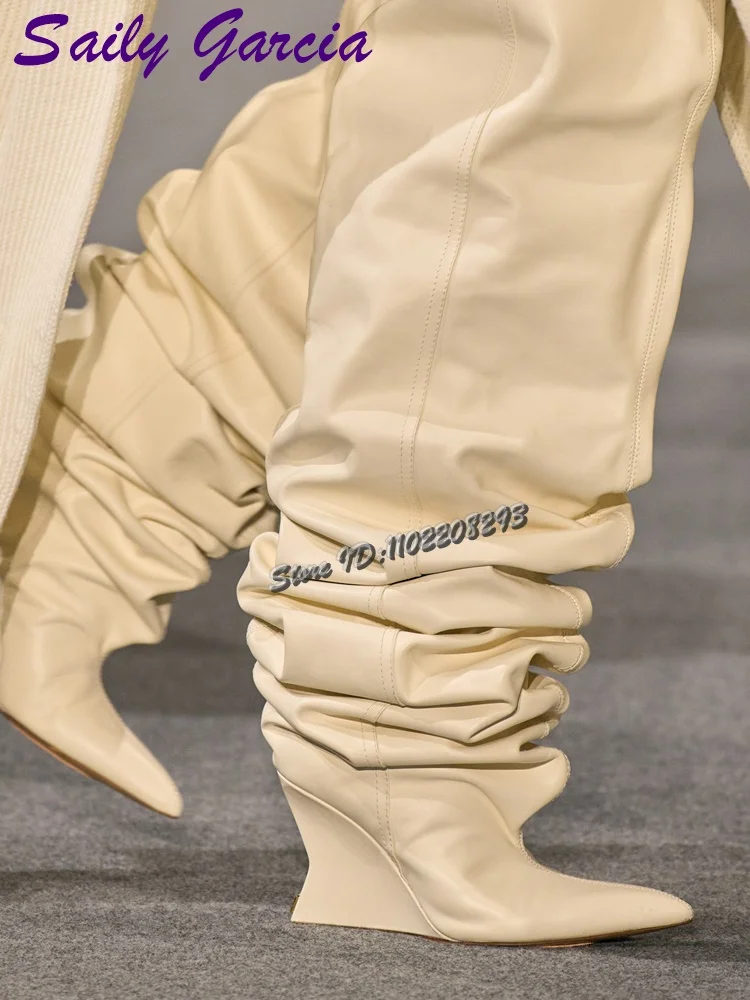 

Sexy Pleated Over-the Knee Boots Sewing Pointed Toe Wedge High Heel Modern Boots Catwalk Shoes Large Size for Women 2025 Autumn