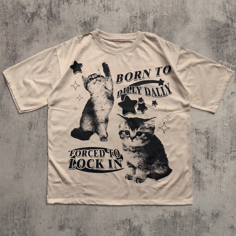 面白いY2K風の面白い猫プリントコットンTシャツ、90年代レトロ子猫ヴィンテージグラフィックTシャツ、猫好きへのギフト、ミームTシャツ、男女兼用トップス