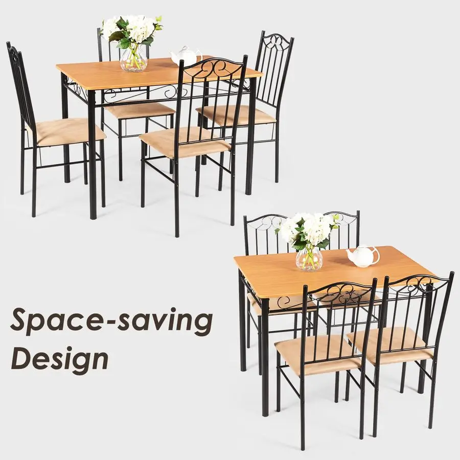 5Piece Dining Table Set, Kitchen Vintage Table and Padded Chairs Set with Wood Tabletop amp Metal Frame, Dining Room Table Set f