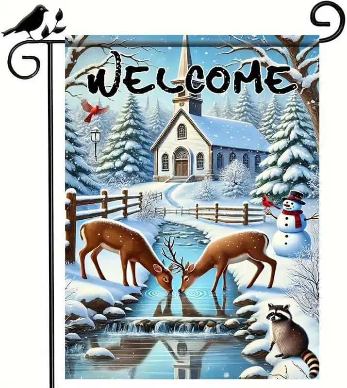 Welcome Garden Flags - Winter Decoration with Deer, Snowman, Church Scene, 12x18 Inch Outdoor Flag XXP EEU SSL hhz