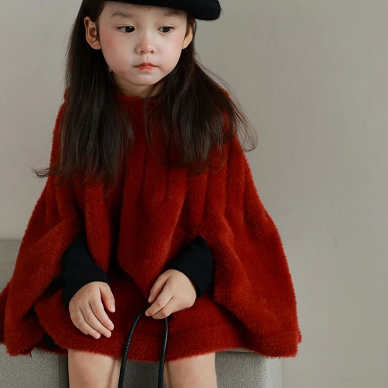 Girls Woolen Coat Jacket Cotton Cloak Windbreak 2023 Hooded Warm Plus Thicken Velvet Winter Autumn Party Children\'s Clothing