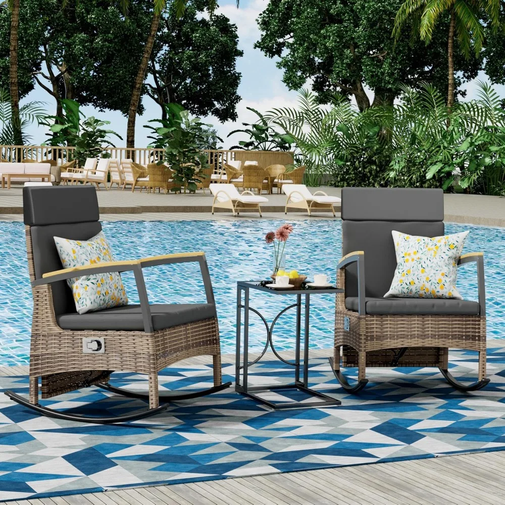 

3 Pieces Outdoor Recliner Chair Set, with Adjustable Backrest, Cushions, and C Shaped End Table,Rattan Wicker Rocking Chairs