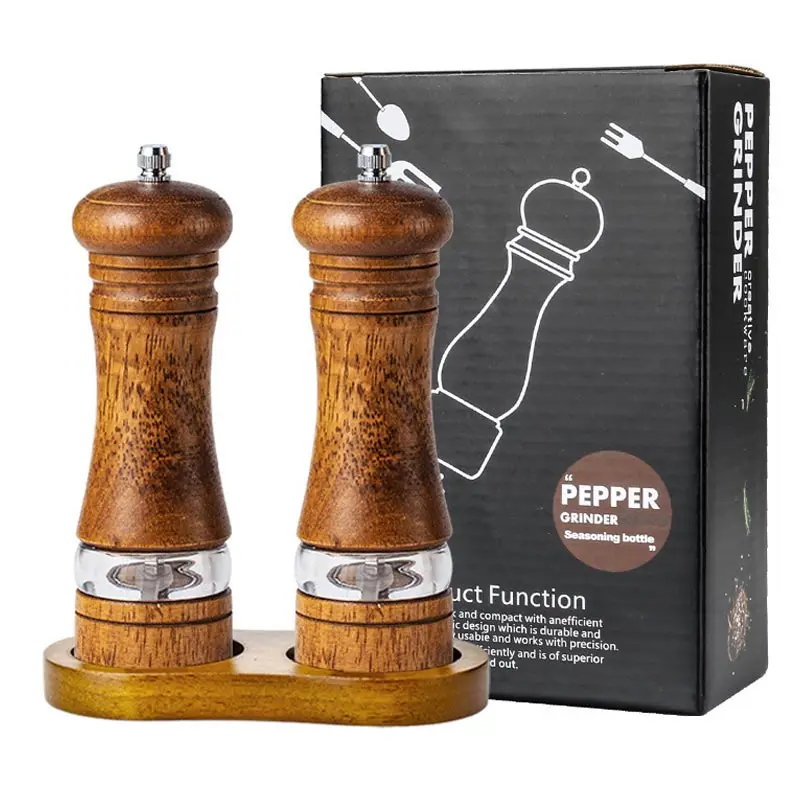 

6-inch Manual Solid Wood Pepper Grinder Sets With Base,Salt Spice Shakers Mills Tool,Adjustable Ceramic Rotor-Refillable Grinder