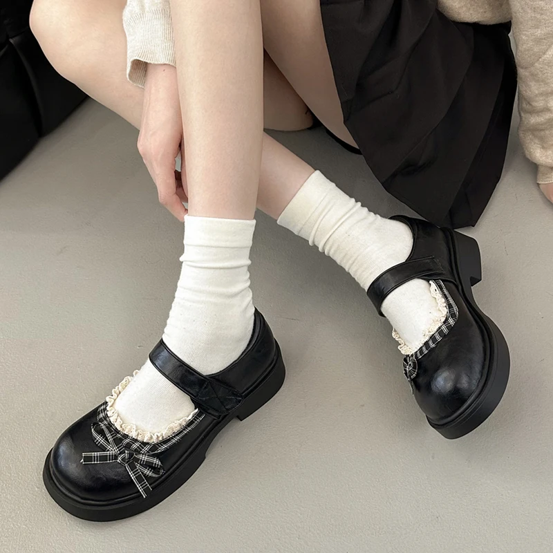 Y2K Sweet Women Mary Jane Shoes Retro Plaid Lace Bow Round Toe Platform Loafers Woman 2026 Thick Sole Gothic Lolita Shoes view 4