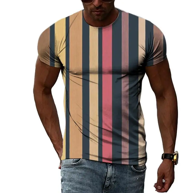 

Vintage Men's T-shirt Summer Shirt Tops Colorful Vertical Stripes Printed Short-sleeve Tees Loose Men Clothing Casual Streetwear