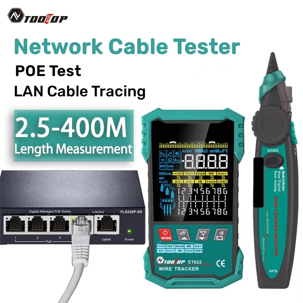 TOOLTOP ET622/623 Network Cable Tester POE Test QC Crimping Breakpoint Detect  LAN Cable Tracker 400M Cable Length Measurement