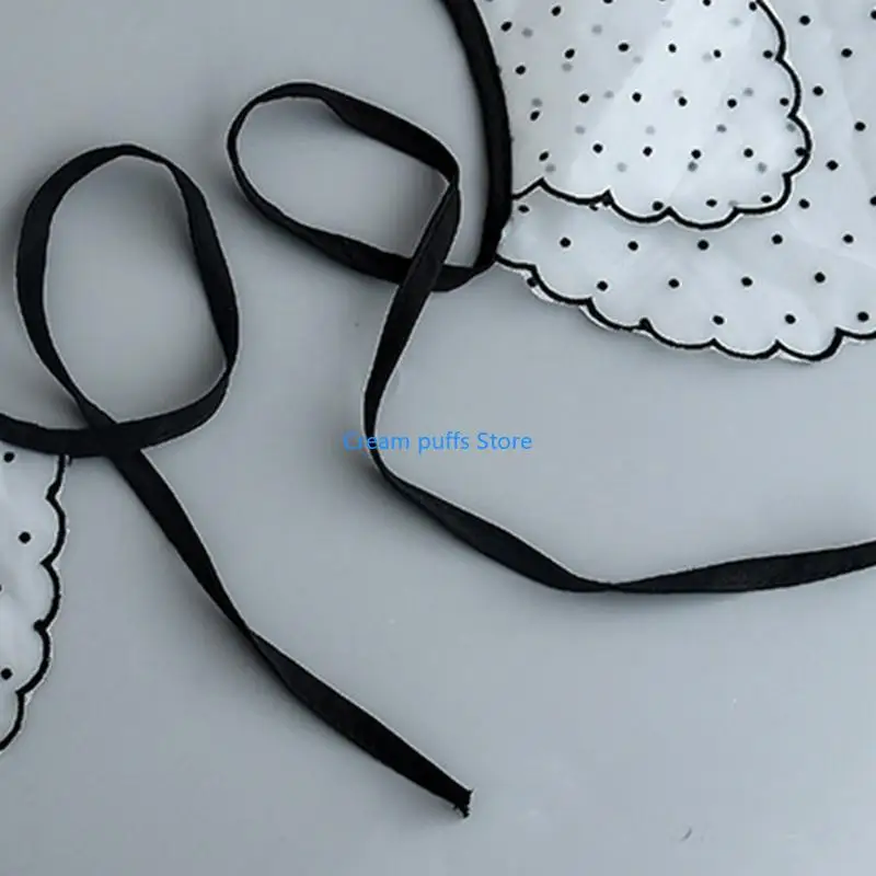 50LE Women Polka Dot Double Layer Faux Collar Shawl Black Scalloped Trim Lace-Up