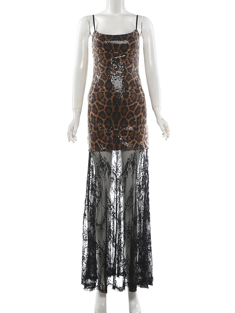 Weird Puss Leoparden-Paillettenkleid Damenmode, verführerisches Kleid mit eckigem Kragen, Spitzen-Patchwork-Saum, ärmellos, für Abendpartys und Clubs – Detail 4