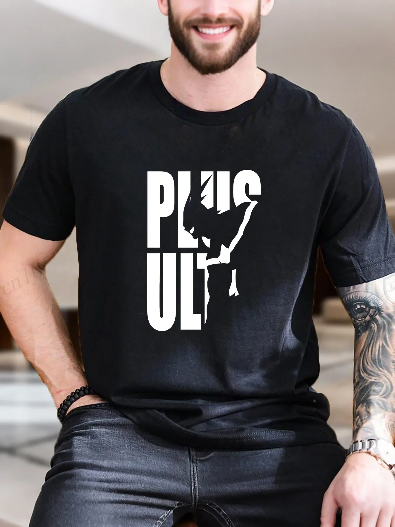 

Men's Printed Short Sleeve T-Shirt - Soft Cotton Trendy Top with Black & White Dog'Pug Out' Graphic, Breathable Casual Tee for
