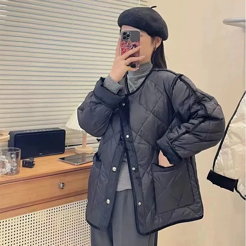 Winter New Fashion Down Cotton Jacket Women Studded V-Neck Warm Bread Outwear Grey Black Cotton-Padded Jackets Coat Female