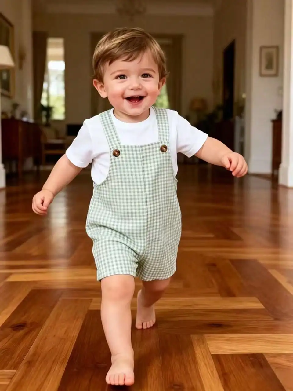 Kleines Mädchen-Set mit kariertem, knopfverschlossenem, ärmellosem Jumpsuit und dicken Schulterträgern, Kinderkleidung, Oberteil und Shorts, Outfit für Ba – Detail 5