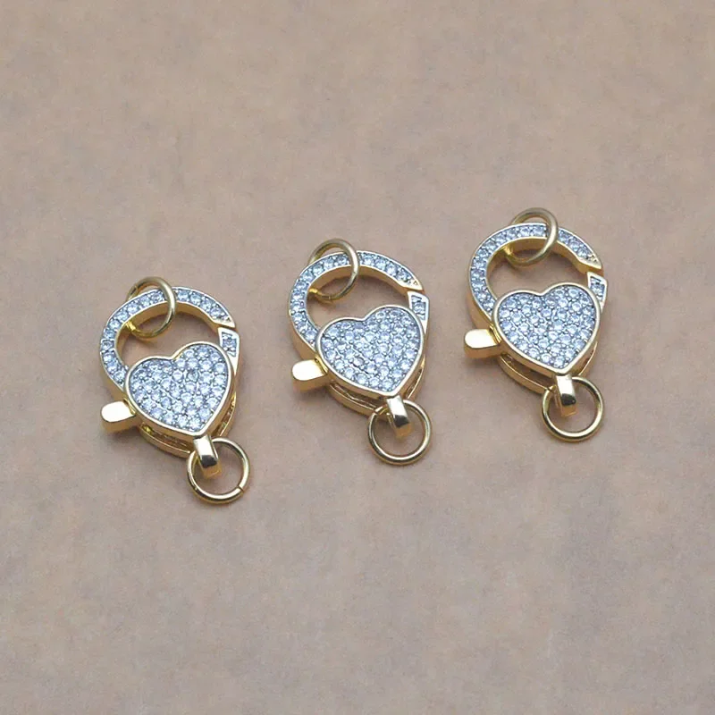 5pcs/lot High Quality Two-tone Design Shiny CZ Paved Heart Shape Lobster Clasps for Diy Necklace Bracelet Making Supplies