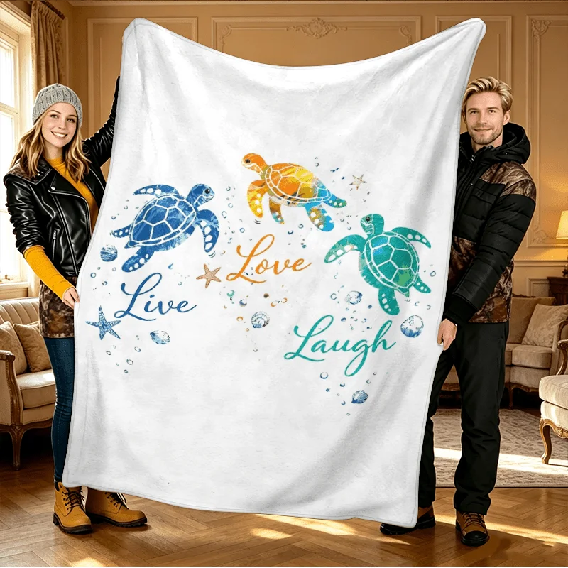 Ocean Life Love Live Laugh Sea Turtle Watercolor Print Cozy Throw Blanket Gift for Beach Lovers 150x200cm